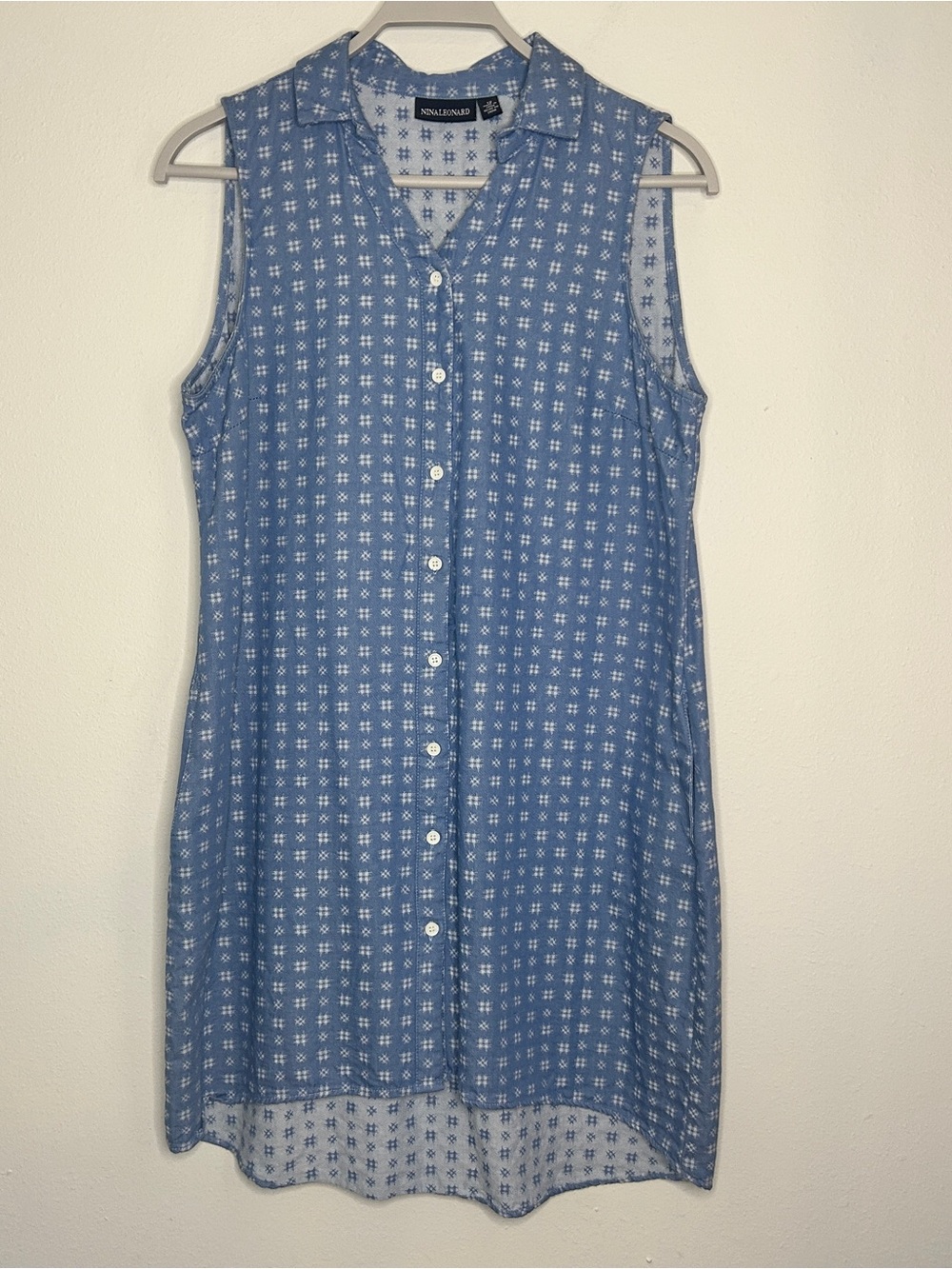 Nina Leonard Size 12 Blue Sleeveless Button-Front Mini Dress